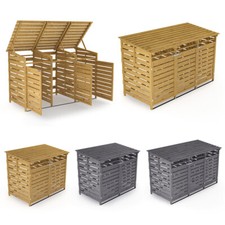 Double Recycle Triple Rubbish Box Slatted Shed Shelter Wheelie Bin Store w/ Lid