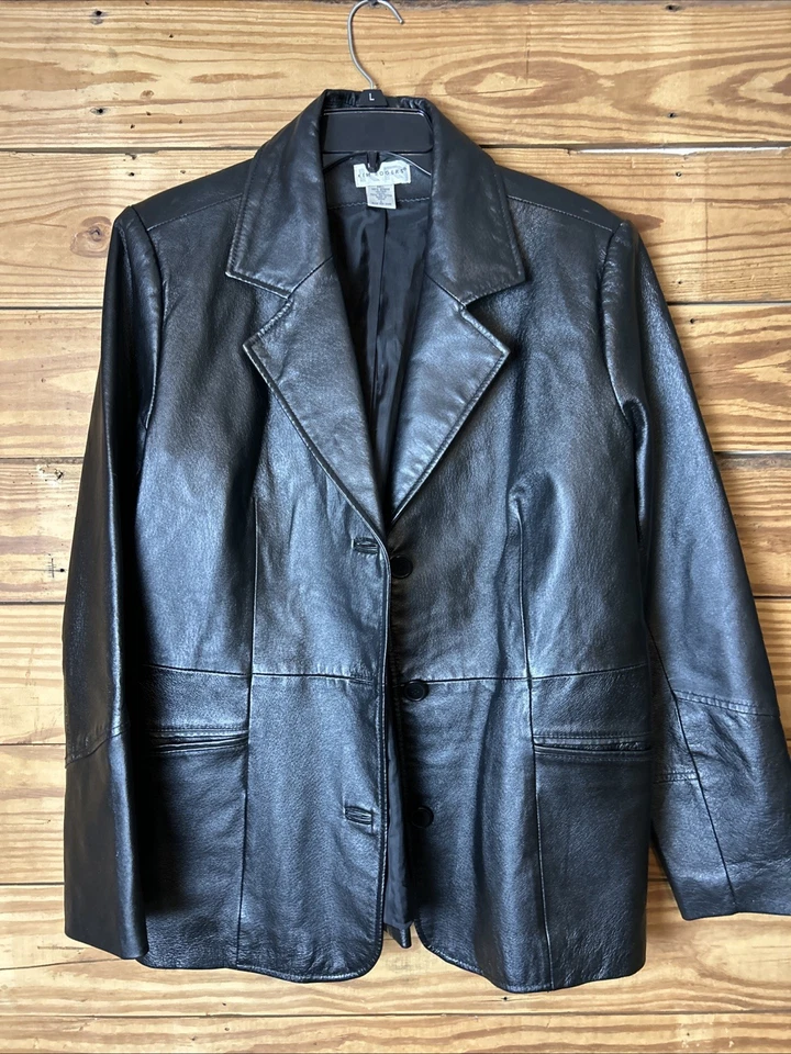 Kim Rogers Talla L Mujer’s Blazer Cuero Negro Dos Frontales Con Bolsillos Foto 2 de 4