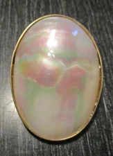 Vintage Abalone Mother of Pearl Shell 9K 375 Gold Oval 1-7/8" Brooch Pin Pendant