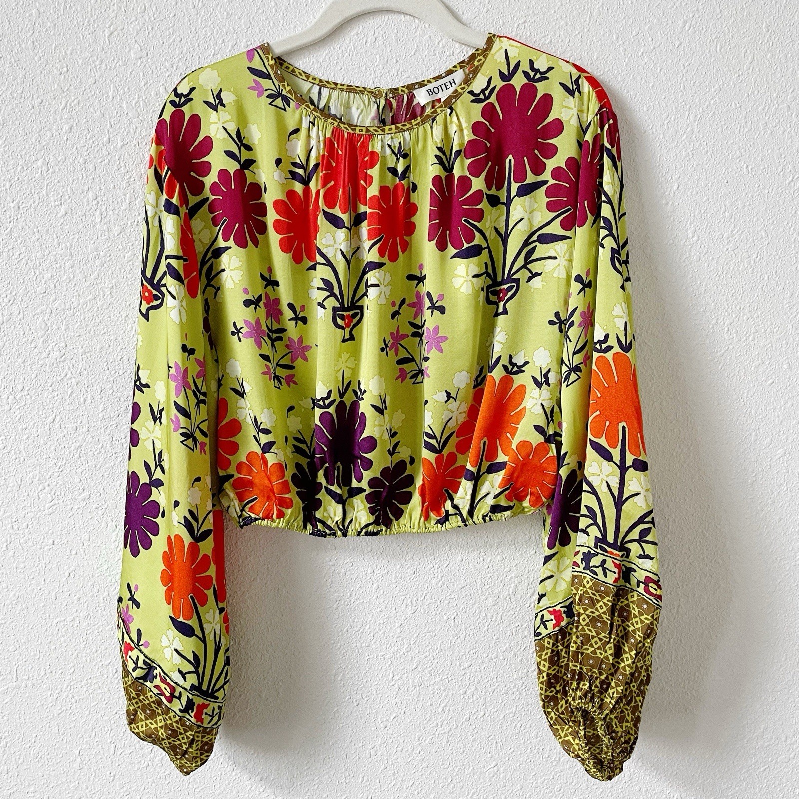 Boteh Eden 70s Retro Floral Bohemian Full Sleeve Crop Top US Size 4