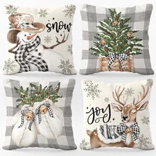 Set of 4 Christmas Pillow Covers For Winter Holiday: Snowman Reindeer Decor