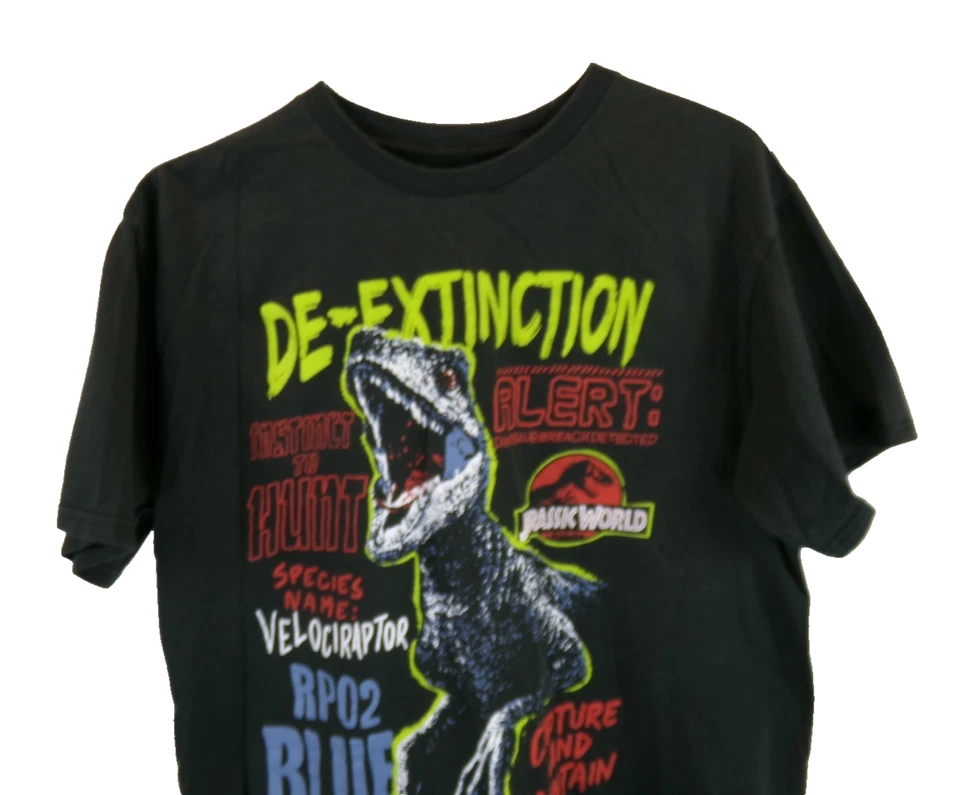 Camiseta De Colección Jurassic World De-Extinctions Niño XL 14/16 Negra Gráfica - Usada en Excelente Condición Foto 3 de 4