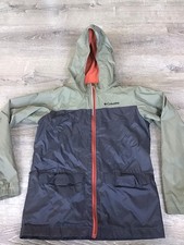 Columbia Youth Size M 10/12 Boys Windbreaker Hooded Green Gray Full Zip Jacket