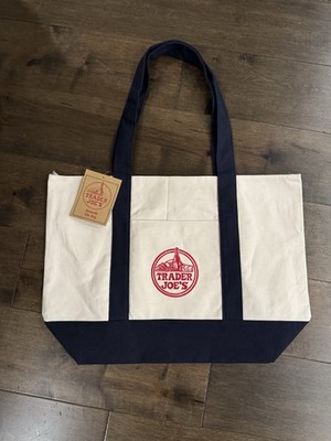 Authentic Trader Joe s Reusable Canvas Eco Tote Bag Heavy Duty Bag Blue White