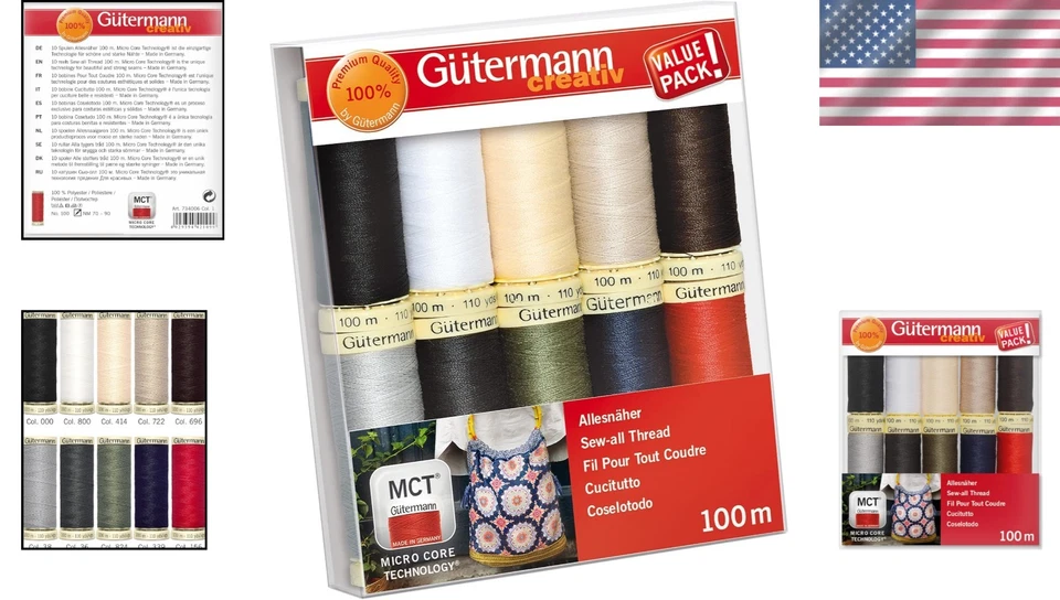 Gutermann 100m Polyester Thread Set – 10 Basic Colours for Versatile Sewing - Image 2 of 4