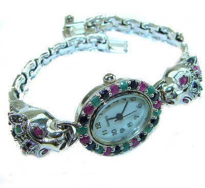 925 Sterling Silver Ruby Emerald Sapphire Bracelet Watch, Multicolor, 36.8g