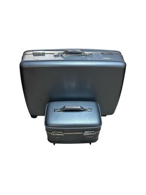 Vintage 1970s Blue American Tourister Large Hardshell Suitcase & Train Case Set