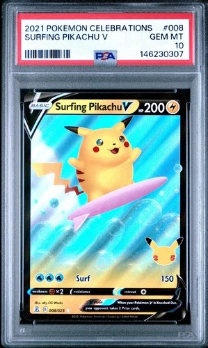 PSA 10 GEM MT 💎 2021 POKEMON CELEBRATIONS #008 SURFING PIKACHU V