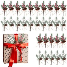 30Pack Artificial Pine Picks, 6inch Flocked Holly Christmas Red and White Ber...