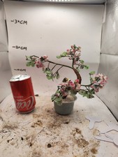 Vintage Asian Jade Glass Flowering Pink Cherry Blossom Bonsai Tree In Pot