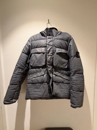 Stone Island Lino Resinato Down-TC Jacket Mens S Grey Hooded DAMAGED - product listing photo