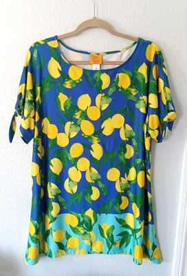 Ruby Rd Women's 1X Pullover Short Sleeve Tunic Top Blue Green Yellow Lemon Print