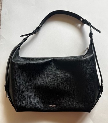 DKNY Faux Leather Slouchy Black Pebbled Hobo Shoulder Bag Silver Hardware