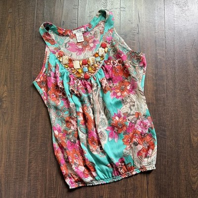 Vintage Y2K Pink Floral Caché Beaded Rhinestone Scoop Neck Babydoll Satin Top XS
