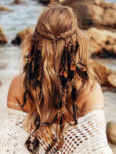 Boho Feather Headbands Black Hippie Headpiece Indian Gypsy Tassel Feather Headdr