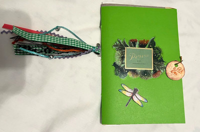 Junk Journal Green Handmade Ephemera 6X9, 20+ pgs. Embellished With Tucks Tassel