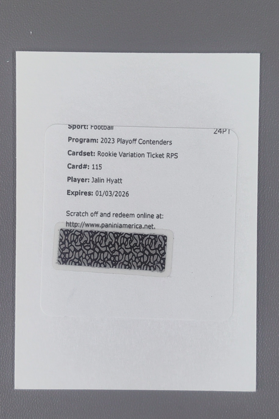 2023 Panini Contenders Jalin Hyatt RC Variation Ticket RPS Auto Redemption