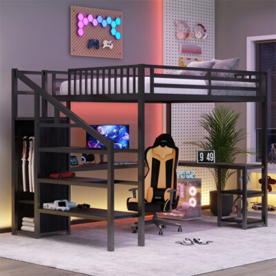 Queen Metal Loft Bed w/Wardrobe,LED Light,L Shaped Desk and USB for Teens Adults
