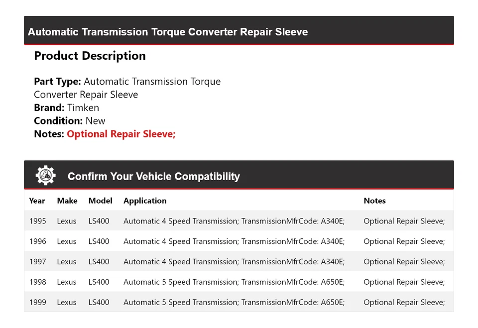 Para Lexus LS400 1995-1999 transmisión automática convertidor de par funda de reparación Timken 1996 Foto 2 de 4