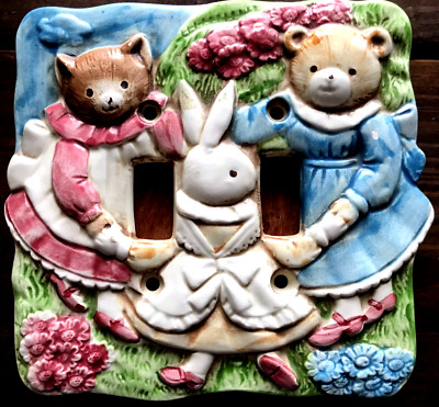 Takahashi Double Switchplate Cover Kitty Cat Bunny Rabbit Teddy Bear 6x6'' RARE