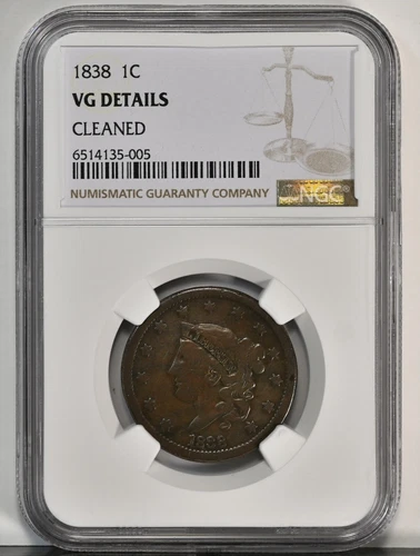 1838 Large Cent 1C Coronet Head Coin NGC VG-Details (CLEANED) 1741 Nice Looking