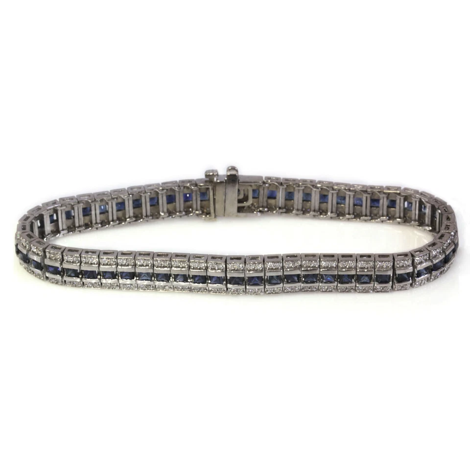 Brazalete de oro blanco sólido de 14 k con zafiro princesa azul natural de 6,5 quilates Foto 4 de 4