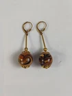 Vtg Women's Pierced Dangle Earrings Gold Tone Brown Swirl Bead Costume Jewelry