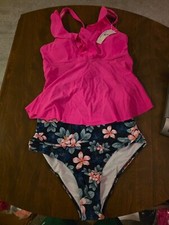 Beachsissi Ruffle V Neck Floral Print Tankini Set - Hot Pink Size M New w/ Tags