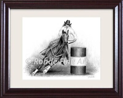 nice BARREL RACING rodeo QUARTER HORSE FRAMED WALL ART PRINT signed Rohde