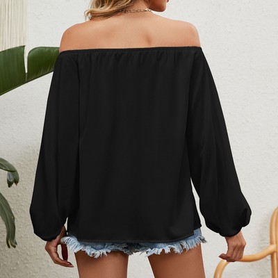 Frauen Off Shoulder Top Long Sleeves Elastic Neckline Pure Color Casual T-Sh VKS