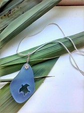 Hand Carved Sea Turtle Tortoise Blue Sea Glass Pendant Silver Necklace 18"