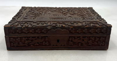 Antique Carved Wooden Box Jewelry Trinket Box Anglo-Indian Sandalwood