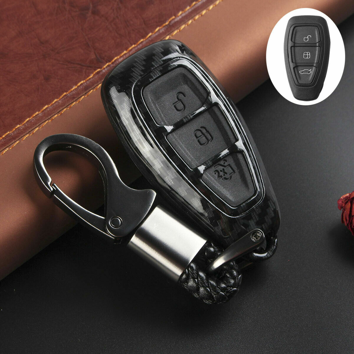 Carbon Fiber Pattern Key Fob Case Cover For Ford Focus, Kuga, C-Max, Galaxy - 3 Button, Clip On 11 thumbnail image