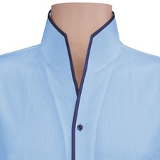 Men's Highlighted Navy Blue Piping Light Blue Seersucker High Open Collar Shirt