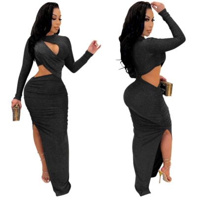 Sexy Women's Solid Long Sleeves Bodycon Pleated Hollow Out Slit Club Dress  S-XXL | eBay