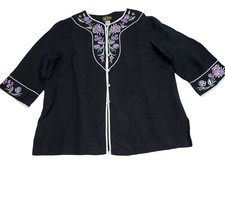 Bob Mackie Wearable Art Asian Tunic Embroidered Purple Flowers 3/4 Sleeves