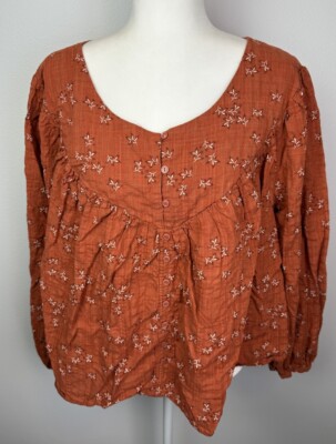Ana Womens 3X Peasant Boho Blouse Top Puff Sleeve Cotton Rust Orange