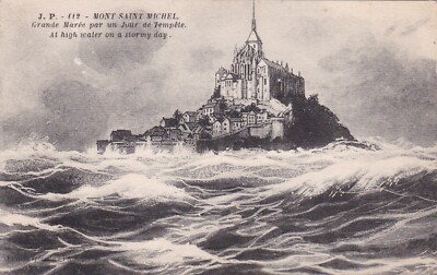 Mont Saint Michel at High Water on a stormy day postcard unused VGC