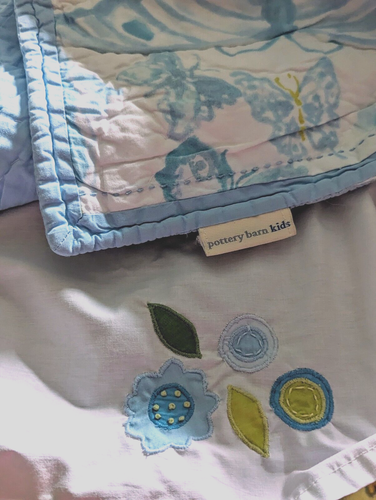 Pottery Barn Kids Quilt Flower Butterfly Twin 89x68” w Sham & Skirt Blue Green - Picture 17 of 18