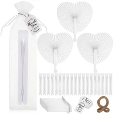 50 Pcs Folding Handheld Fans Paper White Wedding Fans Heart Shaped Folding Fa...