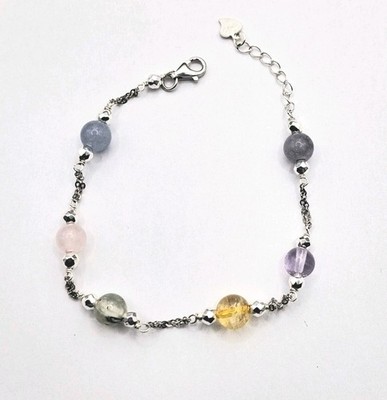 925 Silber Armband mit Amethyst Aquamarin Citrin Quarz Prenit Hämatit
