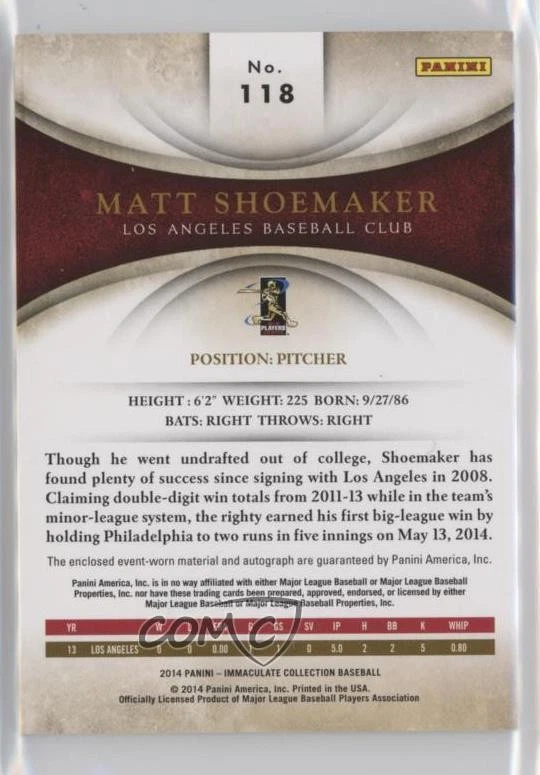 2014 Panini Immaculate Rookie Auto Material /49 Matt Shoemaker #118 Auto RC - Image 2 of 2