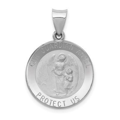 14K Weißgold poliert und Satin hohl Unser Schutzengel Medaille Charm Halskette