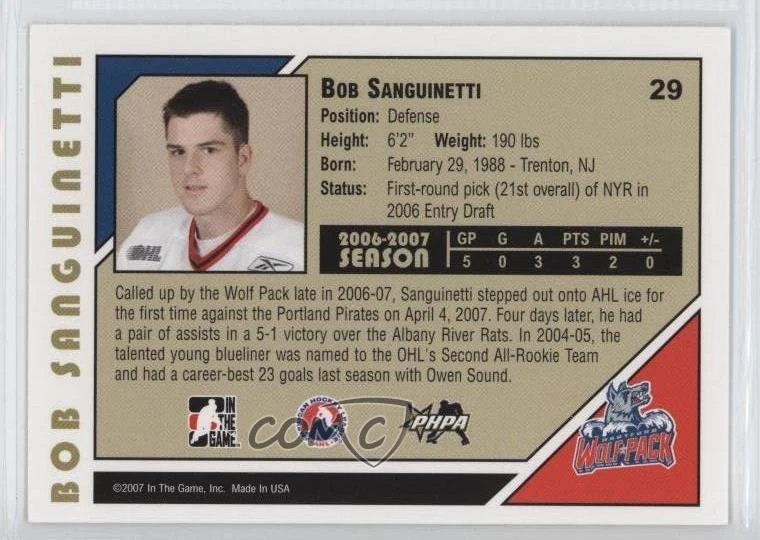 2007-08 ITG Heroes and Prospects Bobby Sanguinetti Bob Sanguinetti #29 - Image 2 of 2