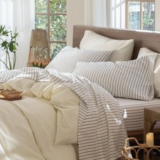 Striped Sheet Set 100 Washed Cotton Linen Like Textured Breathable Durable S...