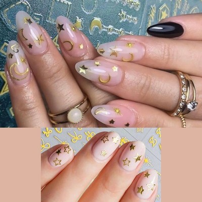 2X 3D Selbstklebend Nagel Sticker Set Nail Art Aufkleber Shiny Gold Stern Mond