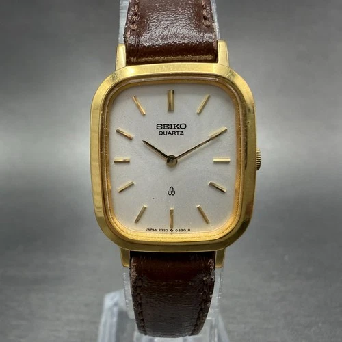 Seiko Tank Watch Women 20mm Silver Dial Gold Tone 2320-5390 New Battery Vintage