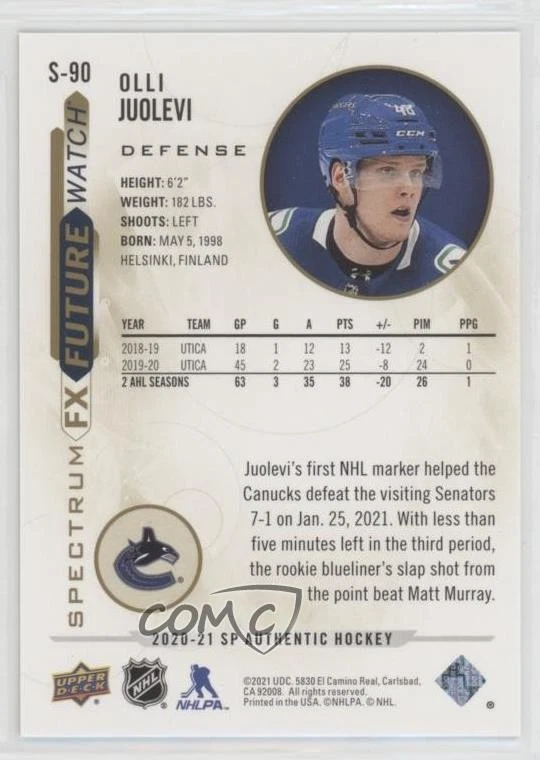 2020-21 SP Authentic Bounty Spectrum FX Gold /50 Olli Juolevi #S-90 Rookie RC - Image 2 of 2