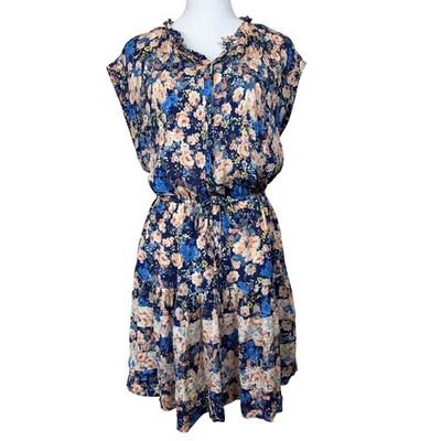 Rebecca Taylor Blue Floral 100% Silk Tiered Mini Dress Sleeveless Ruffle Neck