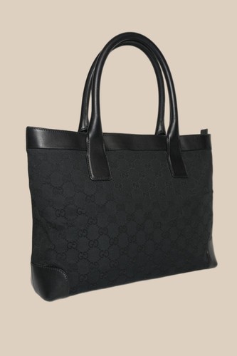 Gucci GG Monogram Canvas Tote Bag Black Leather Trim Shoulder Bag Authentic